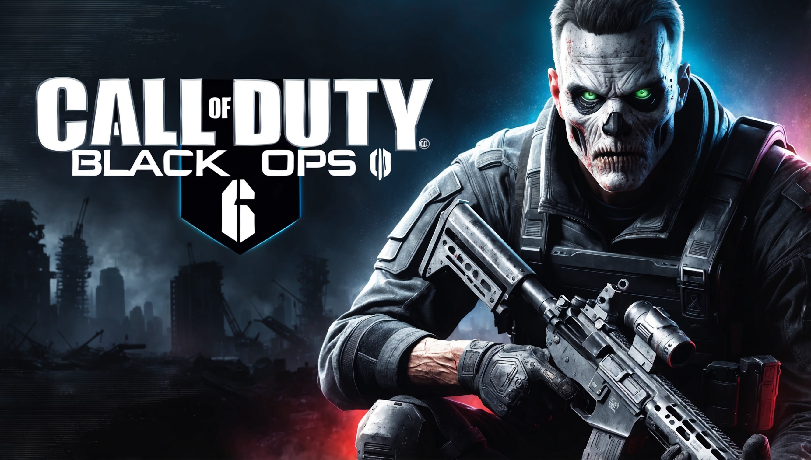 A gritty, high-contrast digital illustration of a fictional video game cover art for Call of Duty: Black Ops 6, featuring a dark, ominous background with hints of neon blues and reds, evoking a sense of futuristic warfare, with a prominent, bold font title in silver and black, the 