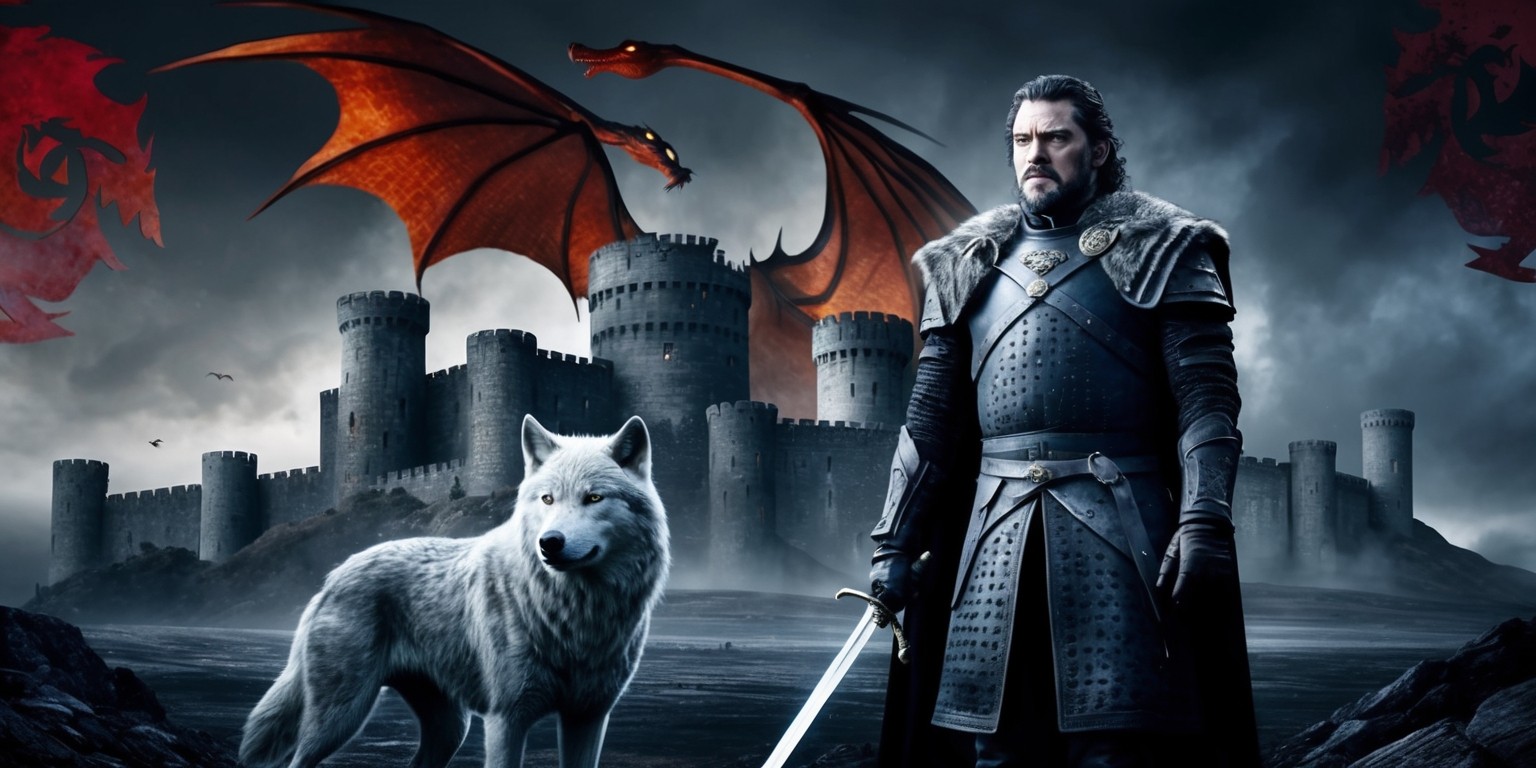 A majestic, atmospheric scene depicting the world of Westeros from the Game of Thrones series, set against a dark, foreboding sky with subtle hints of crimson and gold, reminiscent of the Lannister crest. In the foreground, a regal, imposing figure of Jon Snow stands proudly, dressed in his Night's Watch attire, with his silver-tipped sword at the ready, his piercing blue eyes gazing intensely into the distance. To his left, a ghostly direwolf, Ghost, stands vigilant, its fur a mesmerizing blend of gray and white. In the background, the battered but resilient walls of Winterfell castle rise, adorned with the Stark sigil, while the silhouette of a dragon soars overhead, its scales a deep, fiery orange. The atmosphere is tense, with an air of anticipation, as if the fate of the Seven Kingdoms hangs in the balance.