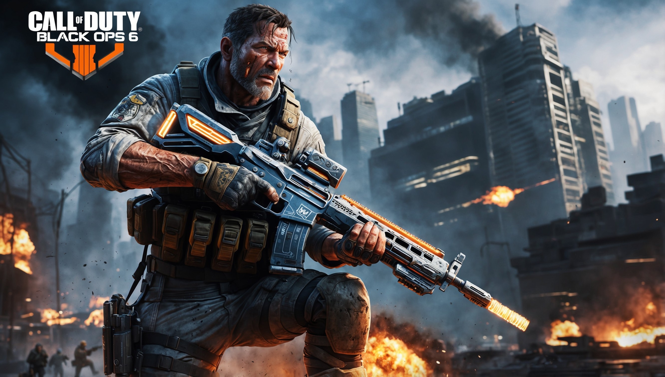 A highly detailed, action-packed, futuristic illustration of the Call of Duty: Black Ops 6 game, showcasing a dramatic, apocalyptic cityscape in the background, with a prominent, rugged, and worn-out soldier, likely the game's protagonist, standing in the foreground, dressed in a mix of military and tactical gear, with a determined expression on his strong-jawed, stoic face, sweat dripping down his forehead, and a intense gaze, holding a high-tech, futuristic assault rifle, with neon-lit accents and details, surrounded by explosions, fire, and smoke, amidst a chaotic, war-torn atmosphere, with a bold, gritty, and realistic art style, reminiscent of a comic book or a sci-fi movie, with a color palette that blends dark blues and greys with vivid oranges and yellows, evoking a sense of intensity and urgency, and in the top-left or top-right corner, the game's logo, featuring bold, metallic letters with a futuristic, high-tech feel, in a silver and black color scheme.