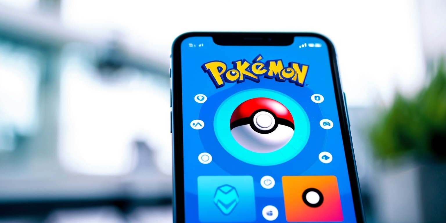 A modern, sleek smartphone screen displaying the Pokémon Go app, with a vibrant and colorful interface featuring the iconic Pokémon Go logo, a white Poké Ball with a red top, on a bright blue background, surrounded by icons and buttons in various shapes and sizes, including a circular map view, a rectangular Pokémon list, and a bottom navigation bar, all with subtle gradient effects and soft drop shadows, set against a blurred, out-of-focus real-world environment in the background, with hints of greenery or urban infrastructure, evoking a sense of adventure and exploration.