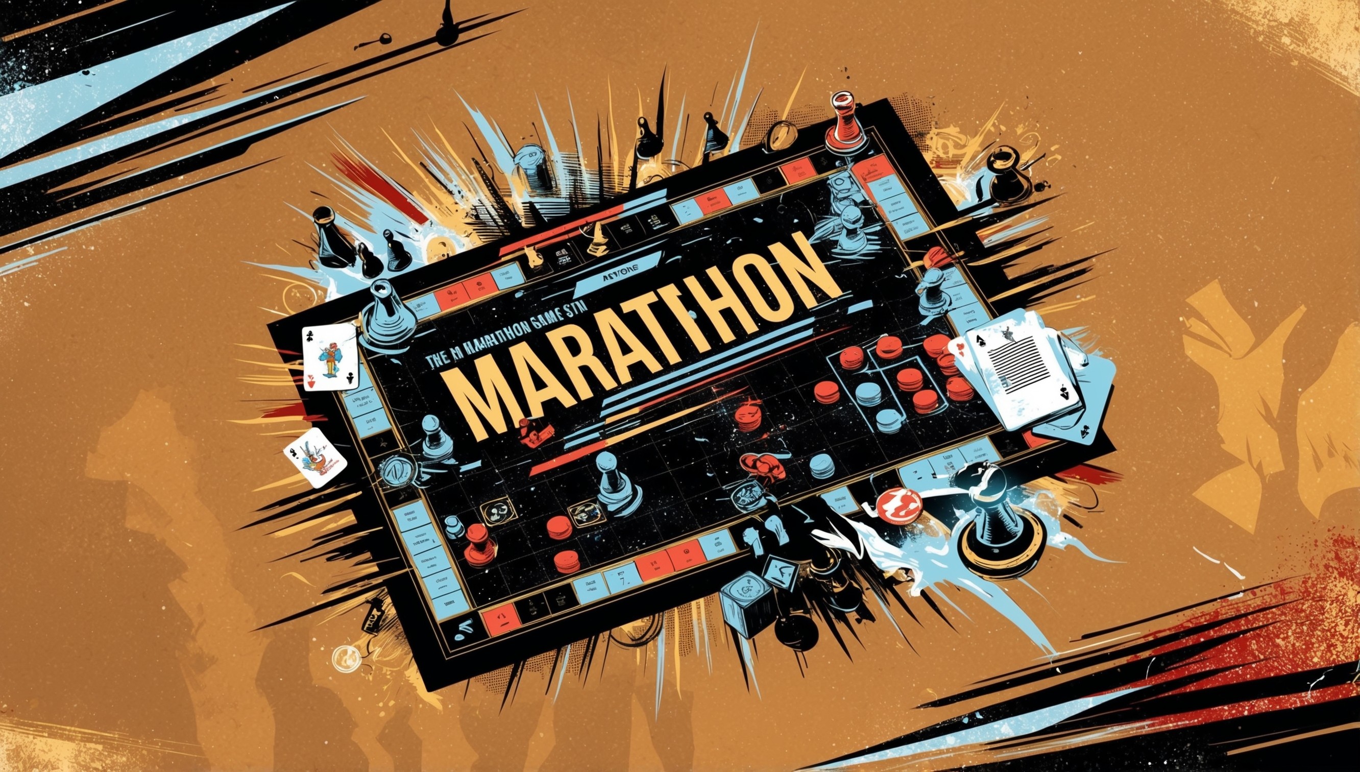 A dynamic illustration of a marathon game, set against a warm, golden-brown background, evoking a sense of excitement and competition. The game board, rendered in a mix of modern and vintage elements, dominates the center of the frame, with bold, black lines and bright, contrasting colors. Game pieces, such as pawns, cards, and tokens, are scattered across the board, suggesting a high-stakes contest in progress. The atmosphere is electric, with flashes of light blue and red hues, and the hint of shadowy figures in the background, implying the presence of intense, focused gamers. The overall style is a fusion of digital and hand-drawn elements, with bold lines, vivid textures, and a sense of movement, as if the game is unfolding before our eyes.