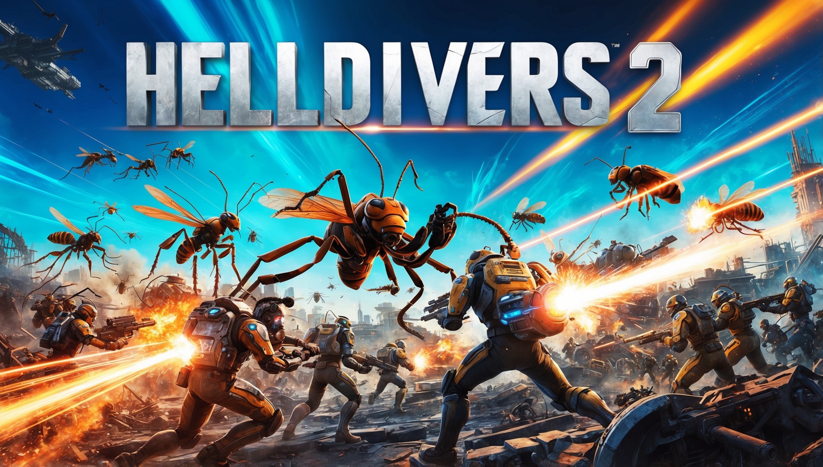 A futuristic, high-octane illustration of a chaotic battle scene from Helldivers 2, set against a vibrant, electric blue sky with streaks of orange and yellow, depicting a mix of anthropomorphic insects and humanoid soldiers in various states of combat, with laser blasts, explosions, and smoke filling the air, amidst a backdrop of ruined cityscapes and damaged structures, with a prominent display of the game's logo in bold, metallic silver letters, with a subtle gradient effect, situated at the top center of the image, surrounded by a subtle, neon-lit aura, evoking a sense of intense action and urgency.