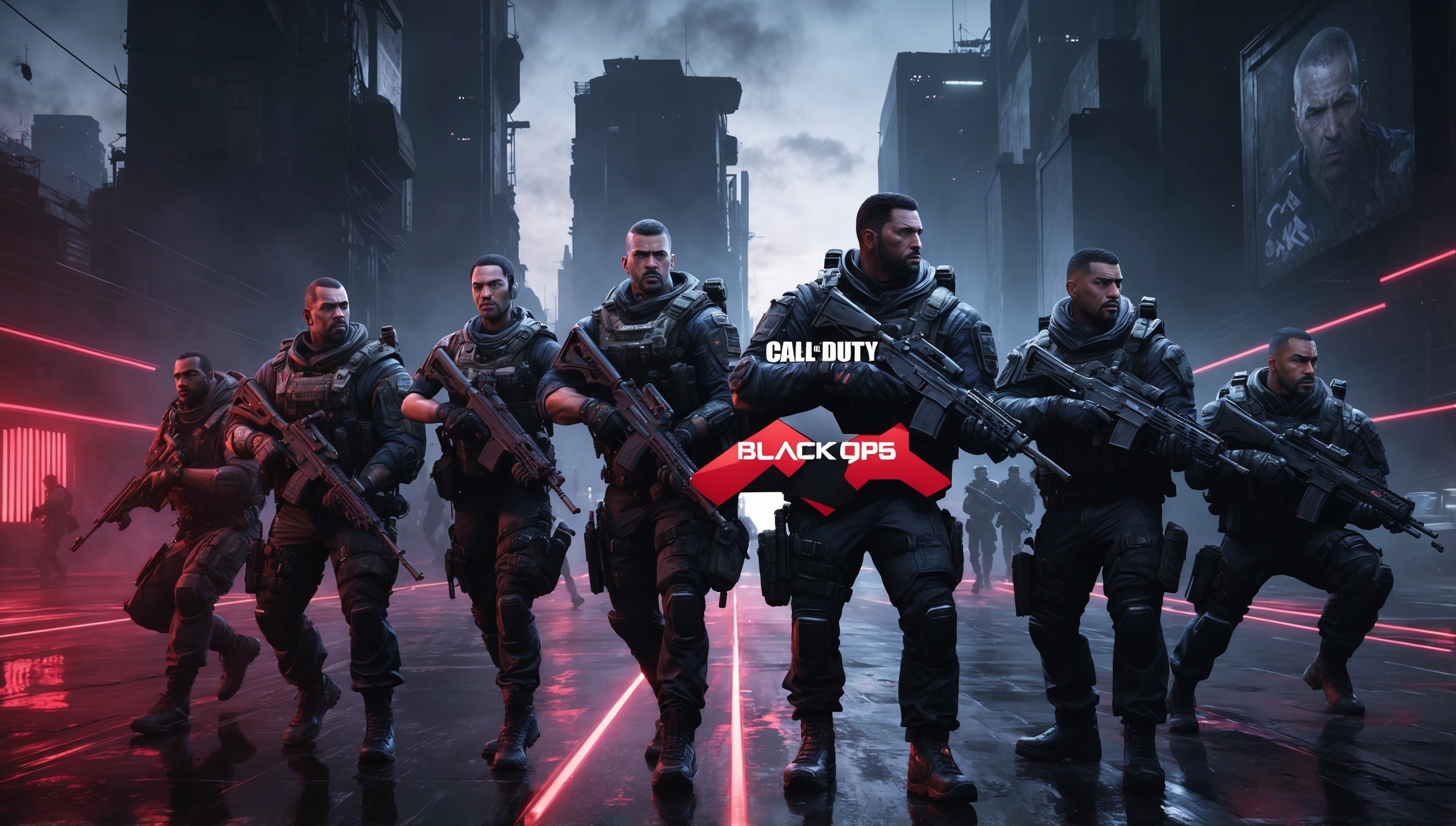 A futuristic, high-tech illustration of Call of Duty: Black Ops 6, depicting a gritty, intense scene with a mix of military and sci-fi elements, set against a dark, ominous cityscape at dusk or dawn, with neon lights reflecting off the wet pavement, and a sense of tension and anticipation in the air, featuring a diverse group of elite soldiers, each with unique, detailed facial features, realistic skin tones, and intricately designed, high-tech gear, with a prominent display of the game's logo, in a bold, metallic font, with a matte, metallic finish, and a subtle, gradient effect, in a bold, red and black color scheme, with a sense of realism and cinematic flair, as if pulled directly from the game's cinematic trailer.