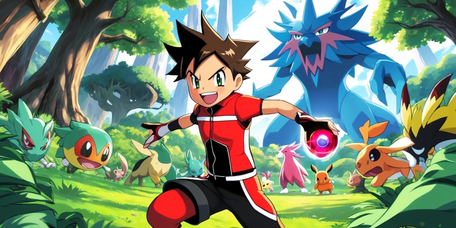 A vibrant, action-packed scene from Pokémon Legends: Z-A, featuring a young, determined trainer with short, spiky hair and a bright, adventurous smile, standing in a lush, green forest surrounded by towering trees and a variety of wild Pokémon, including a large, majestic Arceus in the background, with the trainer holding a Z-Crystal and wearing a sleek, modern outfit with a bold, red and white color scheme, the atmosphere is energetic and thrilling, with a sense of excitement and discovery, the style is reminiscent of a classic Pokémon game, with bold lines, bright colors, and dynamic poses.