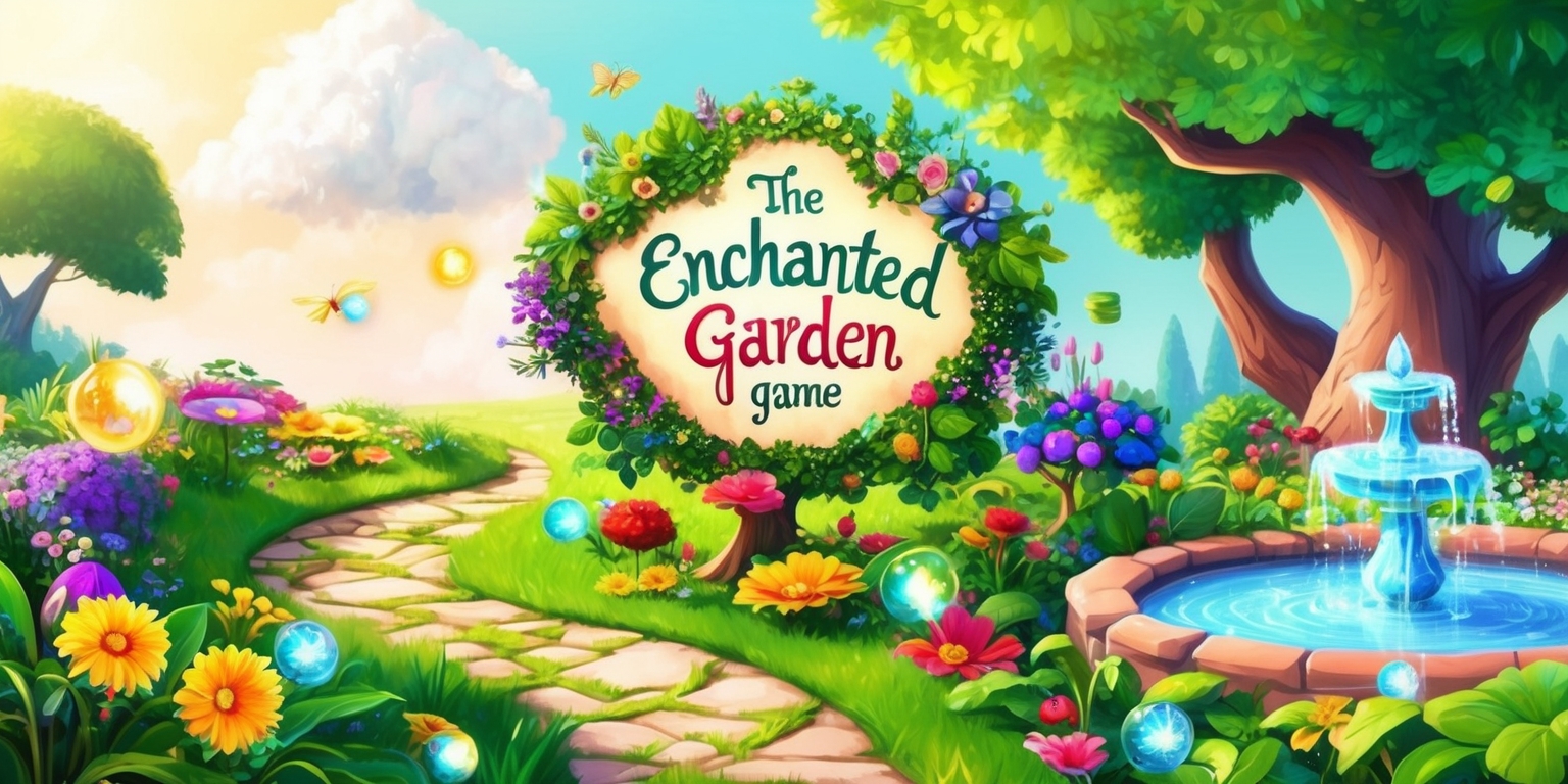 A vibrant and whimsical digital illustration of a fantastical garden setting for the Enchanted Garden game, with lush green foliage, vibrant flowers of various colors, and towering trees, set against a soft, warm, and sunny backdrop with a few puffy white clouds, featuring a winding stone path, a sparkling fountain, and several hidden game elements, such as glowing orbs, shimmering fireflies, and a few subtle magical symbols, with a sense of depth and dimensionality, and a captivating atmosphere of wonder and discovery.