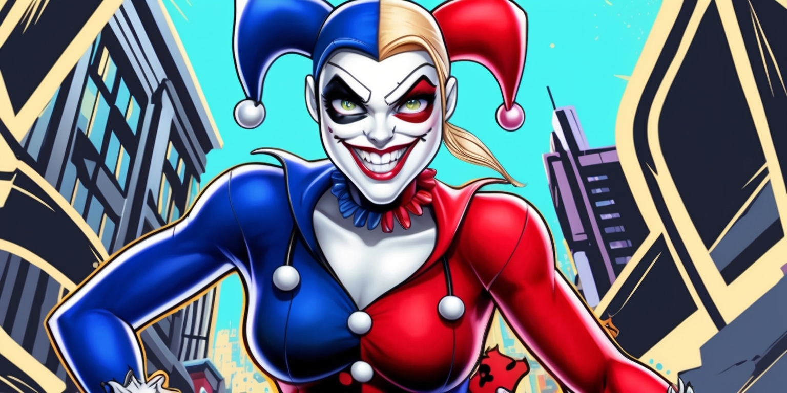 A vibrant and dynamic illustration of Harley Quinn from the animated series, depicting her in a playful and mischievous pose, with her signature blue and red jester costume and pigtails, standing against a stylized cityscape background with bold lines and bright colors, with a subtle hint of whimsy and chaos, her facial expression showcasing her infectious smile and gleaming eyes, with a hint of madness and unpredictability, her skin tone a porcelain-like complexion with a subtle sheen, her features exaggerated and cartoonish, with a bold, graphic style reminiscent of the animated series, surrounded by subtle hints of Gotham City's urban grit and decay.