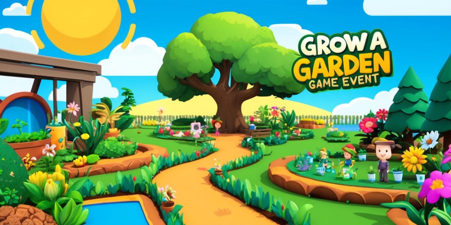 A colorful digital illustration of a vibrant garden setting for the Grow a Garden game event, with lush greenery, blooming flowers, and towering trees, set against a bright blue sky with fluffy white clouds, featuring various game characters and items, such as gardening tools, seeds, and watering cans, with a layout that includes a winding path, a large tree in the center, and a sunny horizon, incorporating a mix of realistic and stylized elements, with bold lines, textures, and earthy tones, including shades of brown, green, and blue, and a sense of depth and dimensionality, with the game's logo prominently displayed in a modern, playful font, in a curved line above the garden scene, with the words Grow a Garden written in a bold, golden color.