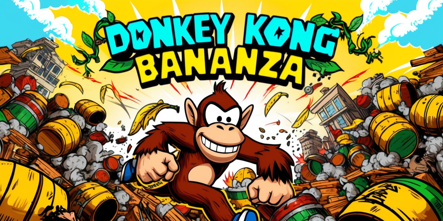 A vibrant, action-packed illustration of the Donkey Kong Bananza game, featuring a central Donkey Kong character in a dynamic pose, with bold, expressive eyes and a cheeky grin, amidst a chaotic backdrop of bursting barrels, fluttering banana leaves, and collapsing buildings, set against a warm, sunny yellow sky with fluffy white clouds, rendered in a stylized, comic book-inspired style with bold lines, textures, and exaggerated shapes, and incorporating nostalgic 8-bit and 16-bit arcade graphics elements, with the game's title Donkey Kong Bananza emblazoned in bold, pixelated letters across the top of the image in a bright, electric blue font, surrounded by scrolling vines and animated sparks.