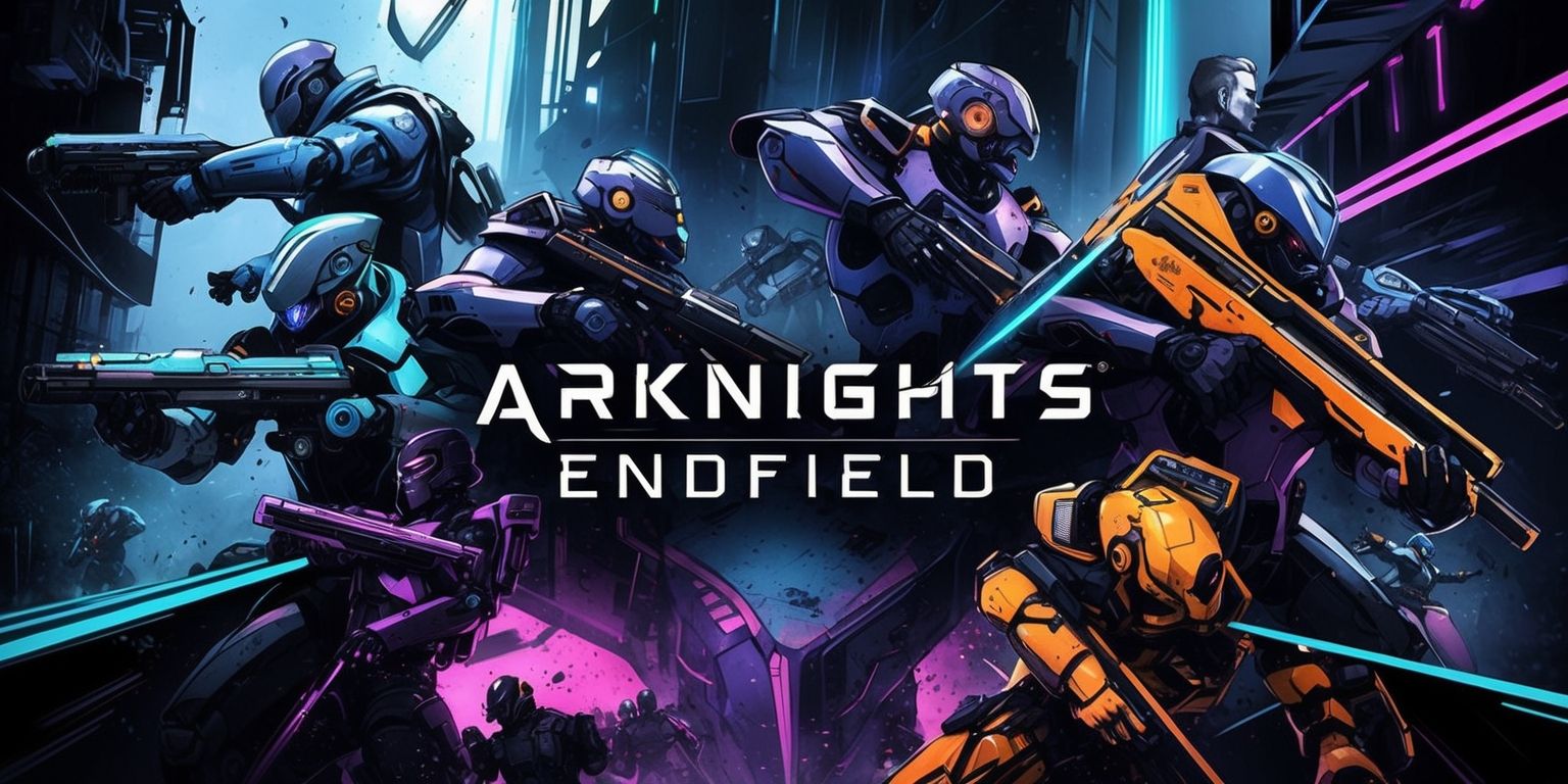 A futuristic sci-fi themed illustration of the Arknights Endfield game scene, featuring a mix of sleek robotic operators and advanced technology, set against a dark and gritty urban backdrop with neon accents, the characters are depicted in a dramatic pose, with sharp lines and vibrant colors, the overall mood is tense and action-packed, with a focus on the operators' unique designs and abilities, the color palette is a blend of deep blues and purples, with bursts of bright orange and yellow, the style is reminiscent of anime and manga, with intricate details and textures, the layout is dynamic, with characters and objects overlapping and intersecting, creating a sense of depth and energy.