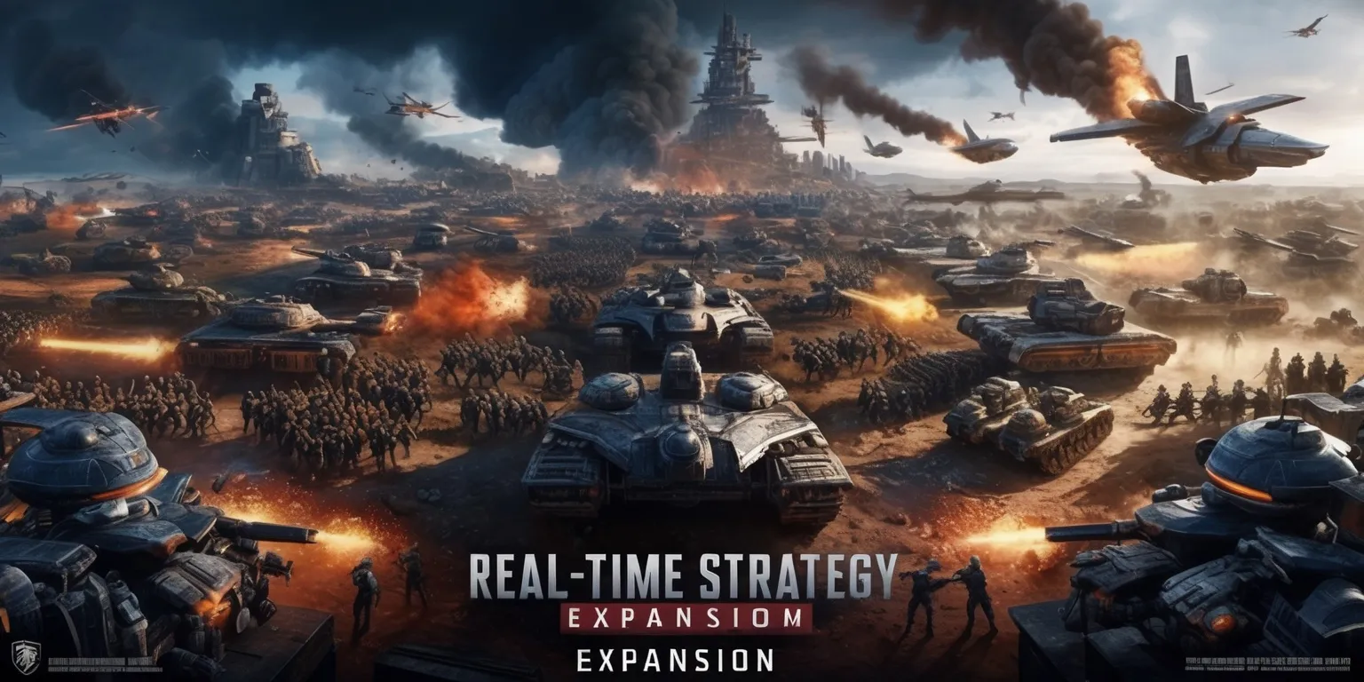 Cinematic promotional key art for a real-time strategy game expansion, depicting a vast battlefield filled with fortified bases, armored vehicles, infantry squads, colossal war machines, aircraft, and strategic command structures. Show opposing factions clashing across a richly detailed environment with smoke, sparks, dramatic explosions, and atmospheric depth. Use a bold, high-contrast color palette of deep steel blue, crimson, burnt orange, and muted earth tones, with strong cinematic lighting and an epic sense of scale. Compose the scene with layered foreground units, a contested central battlefield, and distant terrain fading toward the horizon, leaving clear space for expansion-title typography. Render in polished digital concept art with sharp mechanical detail, dynamic perspective, realistic materials, energetic action, and the sophisticated visual finish of a premium video game cover.