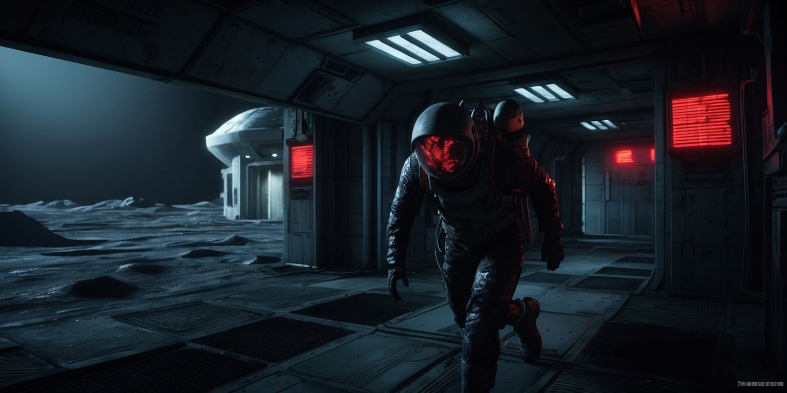 A dark and ominous lunar base set amidst a desolate, cratered moonscape, with a sense of foreboding and dread, illuminated by faint, flickering fluorescent lights, and an eerie, pulsing red glow emanating from warning signals and computer screens, the base's metallic walls and corridors worn and battered, with a stealthy figure, dressed in a tattered and worn black spacesuit, with a distorted, reflective helmet visor, and an oxygen tank on its back, lurking in the shadows, as if sneaking past or hiding from something, with a haunting, abandoned atmosphere, and a sense of intense fear and survival, the colors muted and subdued, with shades of grey, blue, and black, and hints of ominous red, and the overall style reminiscent of a horror stealth game, with sharp lines, and a mix of industrial and futuristic elements.