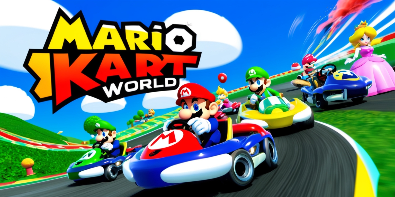 A vibrant and colorful digital illustration of the Mario Kart World game, featuring a winding racing track with iconic Nintendo characters such as Mario, Luigi, and Princess Peach, each with distinct facial features and vibrant outfits, amidst a backdrop of lush green hills, blue skies, and fluffy white clouds, with sleek and stylized karts speeding by, leaving behind trails of colored smoke and sparks, and incorporating the game's logo in a bold, red, and yellow font with a stylized shape, all set within a dynamic and exciting composition that captures the energy and thrill of the game.