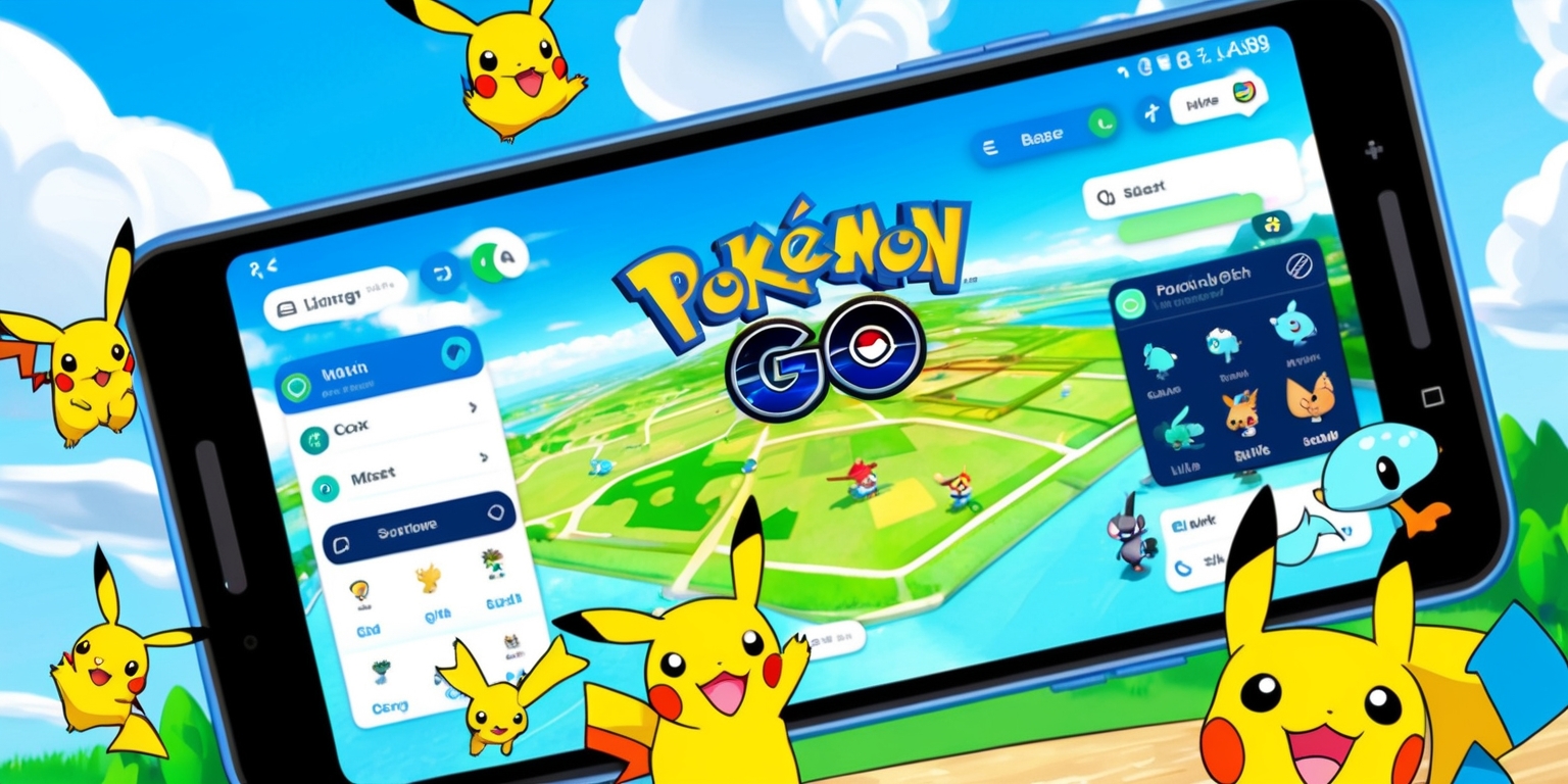 A colorful illustration of a smartphone screen displaying the Pokémon Go mobile game interface, with a bright blue sky and fluffy white clouds in the background, symbolizing an outdoor adventure. The screen showcases a clutter-free design with a prominent map view, several Pokémon avatars, and intuitive buttons and menus in a modern, sleek font. The Pokémon characters are rendered in 3D, with vibrant colors and subtle shading, giving them a lifelike appearance. In the foreground, a few Pokémon, such as Pikachu and Squirtle, are scattered around the screen, as if they're about to jump out. The overall aesthetic is playful, energetic, and inviting, capturing the sense of excitement and exploration that defines the Pokémon Go experience.