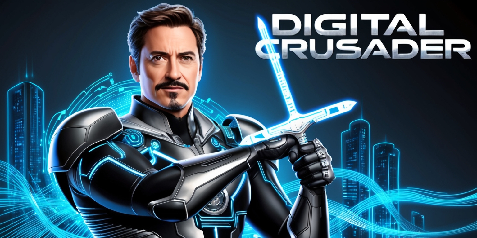 A futuristic, high-tech illustration of Robert Downey Jr. posing heroically, clad in a sleek black and silver armor suit adorned with glowing blue circuits and wires, evoking a sense of advanced technology and digital prowess, set against a dark, gradient blue background with neon-lit cityscapes and coding streams swirling around him, conveying a sense of cyberpunk flair and cutting-edge innovation, with his facial features prominently displayed, showcasing his sharp jawline, piercing brown eyes, and signature smirk, as he proudly holds a stylized, glowing blue sword, symbolizing his digital crusade, with the words Digital Crusader emblazoned in bold, metallic silver font above him, complete with a subtle, neon-lit glow effect.