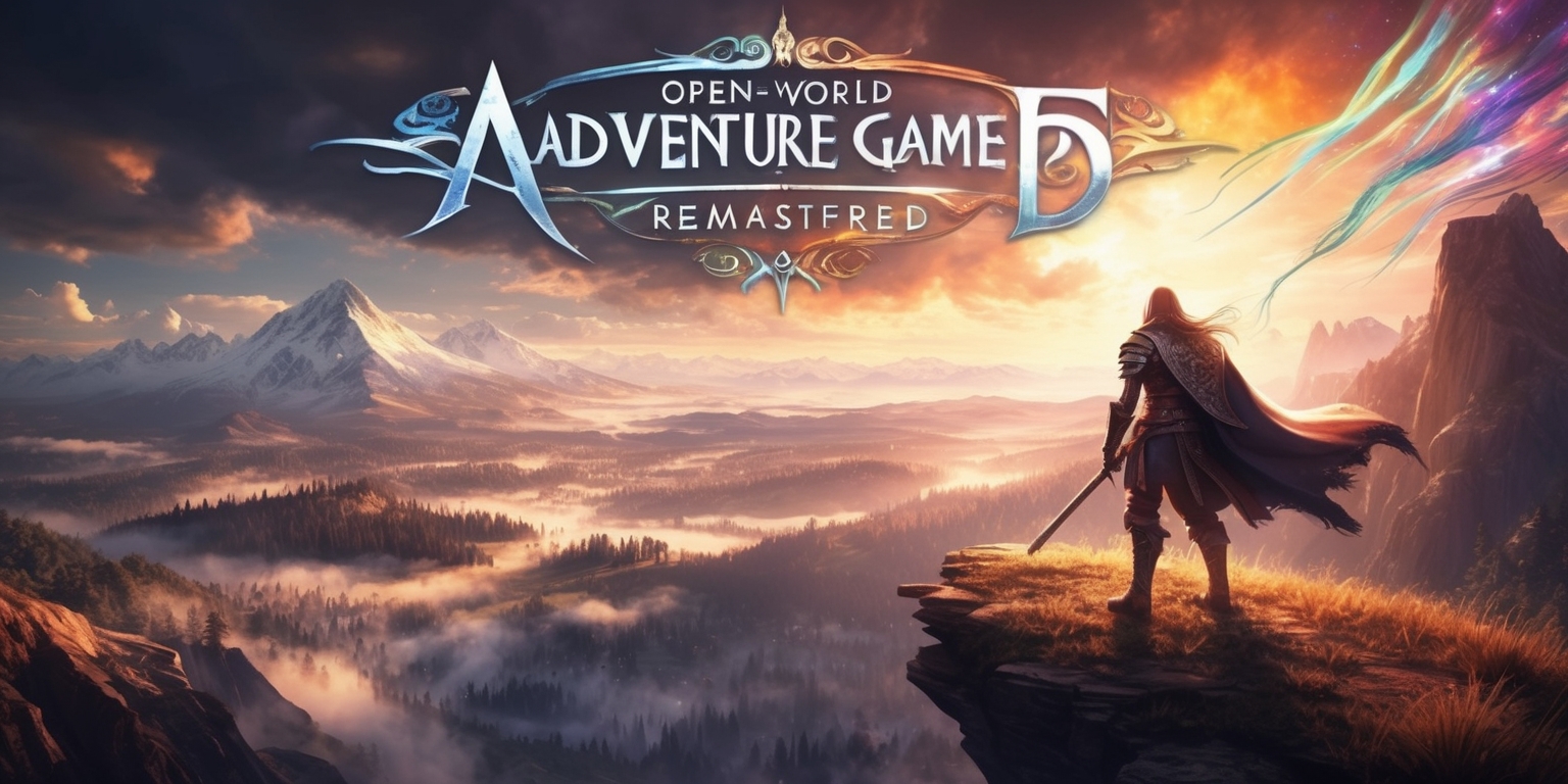 A majestic, high-fantasy landscape unfolds in a remastered open-world adventure game, with a warm, golden light casting long shadows across the terrain. In the distance, snow-capped mountains rise into the clouds, while a sprawling, mystical forest stretches towards the horizon. A lone, heroic figure stands at the edge of a rugged cliff, gazing out at the breathtaking vista, their intricately detailed armor and cloak billowing in the wind. The atmosphere is alive with magic, as wisps of iridescent mist dance through the air, and the sky is ablaze with a kaleidoscope of colors, from fiery oranges to deep, mysterious purples. The game's title, emblazoned across the top of the image in bold, curved letters, shines with a soft, ethereal glow, as if infused with the essence of the fantastical world below.