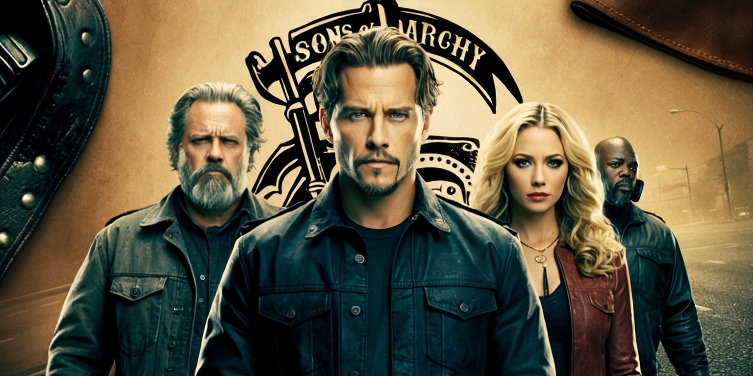 A gritty, atmospheric poster featuring the main cast of the Sons of Anarchy series, set against a muted, warm-toned background with hints of leather, metal, and asphalt, evoking the show's motorcycle club theme. At the center, Jackson Jax Teller, played by Charlie Hunnam, stands tall with a brooding expression, his strong jawline and piercing blue eyes exuding a sense of intensity. To his left, Clarence Clay Morrow, portrayed by Ron Perlman, glares with a mix of authority and menace, his gruff features and gray hair commanding attention. On the right, Gemma Teller Morrow, Katey Sagal's character, stands with a hint of maternal warmth and a subtle air of mystery, her piercing green eyes and long, curly blonde hair drawing the viewer in. The show's iconic emblem, the Reaper, looms in the background, its stark, black outline contrasted against the warm, desaturated colors, alluding to the darkness and camaraderie that defines the series.