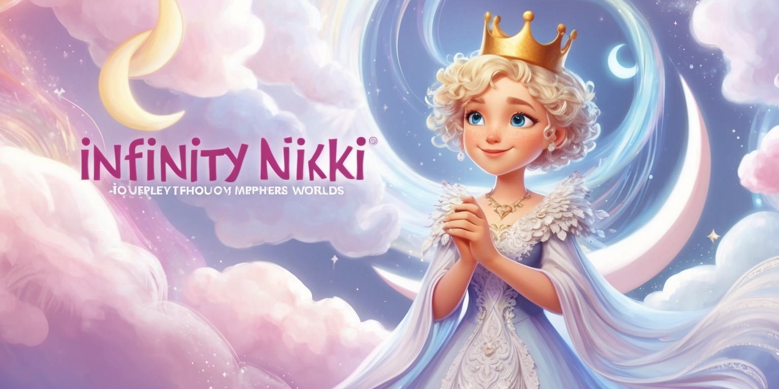 A whimsical illustration of Nikki, the protagonist of the Infinity Nikki game, standing in a fantastical, dreamlike environment with swirling clouds, stars, and crescent moons surrounding her, showcasing her journey through infinite worlds. Nikki has short, curly blonde hair, bright blue eyes, and a kind smile, wearing a flowing white dress with intricate, shimmering embroidery and a golden crown on her head. The atmosphere is ethereal and mystical, with soft, pastel colors dominating the palette, including pale pinks, lavenders, and blues, evoking a sense of wonder and curiosity. The background features subtle, shimmering accents, resembling stardust or glitter, adding a touch of magic to the scene. Nikki's pose is contemplative, with her hands clasped together, lost in thought, as if pondering the infinite possibilities before her.