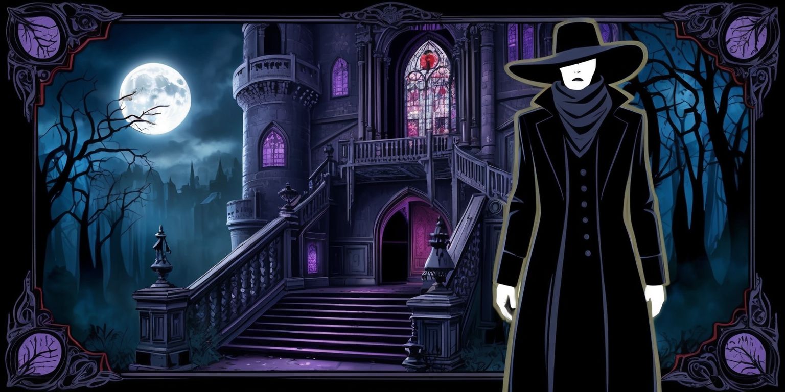 A dark and ominous scene depicting a Gothic mystery adventure game, set in a hauntingly beautiful abandoned castle with intricate stone carvings, stained glass windows, and a grand staircase, surrounded by a misty and mysterious forest, with a full moon hanging low in the sky, casting an eerie glow, the color palette is dominated by shades of indigo, purple, and black, with hints of gold and crimson, the style is reminiscent of a Victorian-era Gothic novel, with bold lines, and ornate details, in the foreground, a lone figure is seen, dressed in a long, dark coat, with a wide-brimmed hat, and a scarf covering their face, their skin is pale, with a hint of moonlit glow, the overall atmosphere is one of foreboding and suspense, inviting the viewer to uncover the secrets and mysteries that lie within the castle walls.