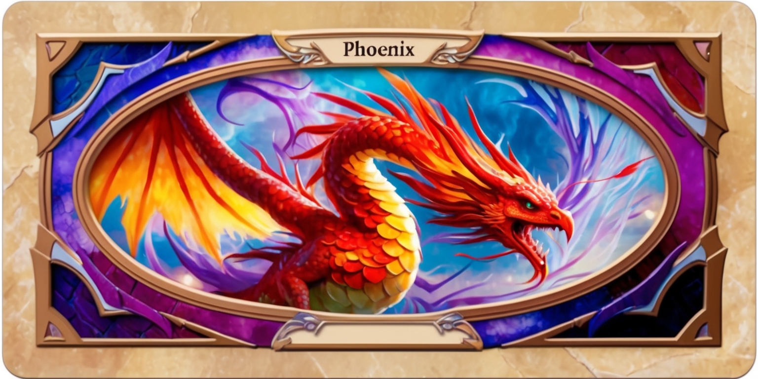 A vibrant, highly detailed Magic: The Gathering collectible card featuring a fantasy creature, such as a dragon or phoenix, with intricate scales or feathers in shades of fiery orange, red, and yellow, set against a mystical, swirling background of purples and blues, with golden accents and ornate borders, complete with the card's title in bold, curved font and its magical abilities described in smaller text, with subtle gradient effects and embossing to give the card a sense of depth and texture, set in a classic MTG card frame with a subtle bevel effect.