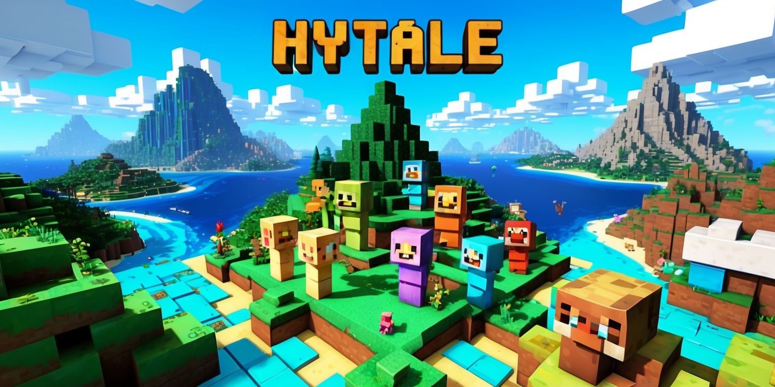 A vibrant digital artwork depicting the blocky world of Hytale, with lush green forests, vast oceans, and sprawling mountain ranges, set against a bright blue sky with puffy white clouds, featuring a variety of colorful characters and creatures, including humanoid avatars with unique facial features and intricate details, amidst a backdrop of cubic structures and natural wonders, with a mix of earthy tones, blues, and greens, and a dynamic layout that showcases the game's signature low-poly aesthetic, blending fantasy and adventure elements in a stunning visual representation of the game's universe.