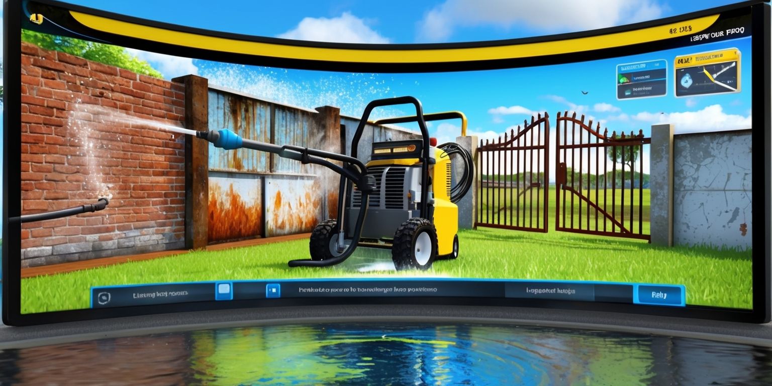 A highly detailed scene of PowerWash Simulator 2 gameplay on a large screen, with vibrant, realistic graphics showcasing various dirty surfaces being power washed, including brick walls, rusty metal gates, and dirty windows, set against a backdrop of a sunny day with a clear blue sky, the power washer's hose and nozzle prominently displayed, with water droplets and spray visible, the game's user interface and controls visible on the screen, including buttons, menus, and a map, with a mix of bright, muted, and earthy colors, and a shallow depth of field to emphasize the simulator's immersive experience.