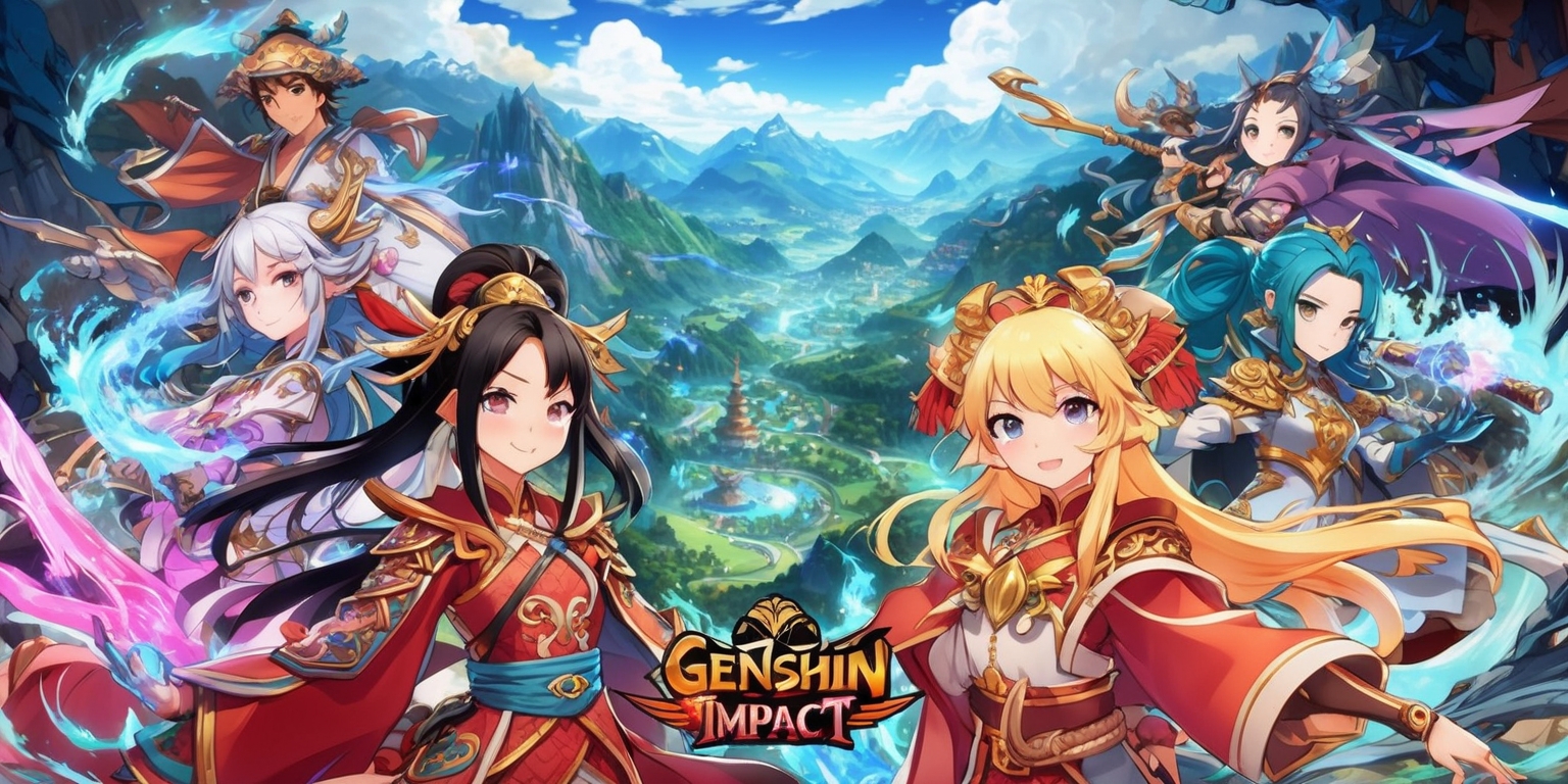 A vibrant and detailed scene from the animated world of Genshin Impact game, with intricate character designs and lush environments, set against a breathtaking backdrop of fantastical mountains and valleys, with a diverse cast of characters including Diluc, Kaeya, and Amber, each with unique facial features, skin tones, and elaborate outfits, surrounded by elemental effects and magical abilities, with bold lines, bright colors, and dynamic composition, blending traditional Chinese and Japanese influences with fantasy elements, featuring a mix of adventure, action, and exploration, with a sense of freedom and discovery, as the characters embark on a thrilling quest in the world of Teyvat.