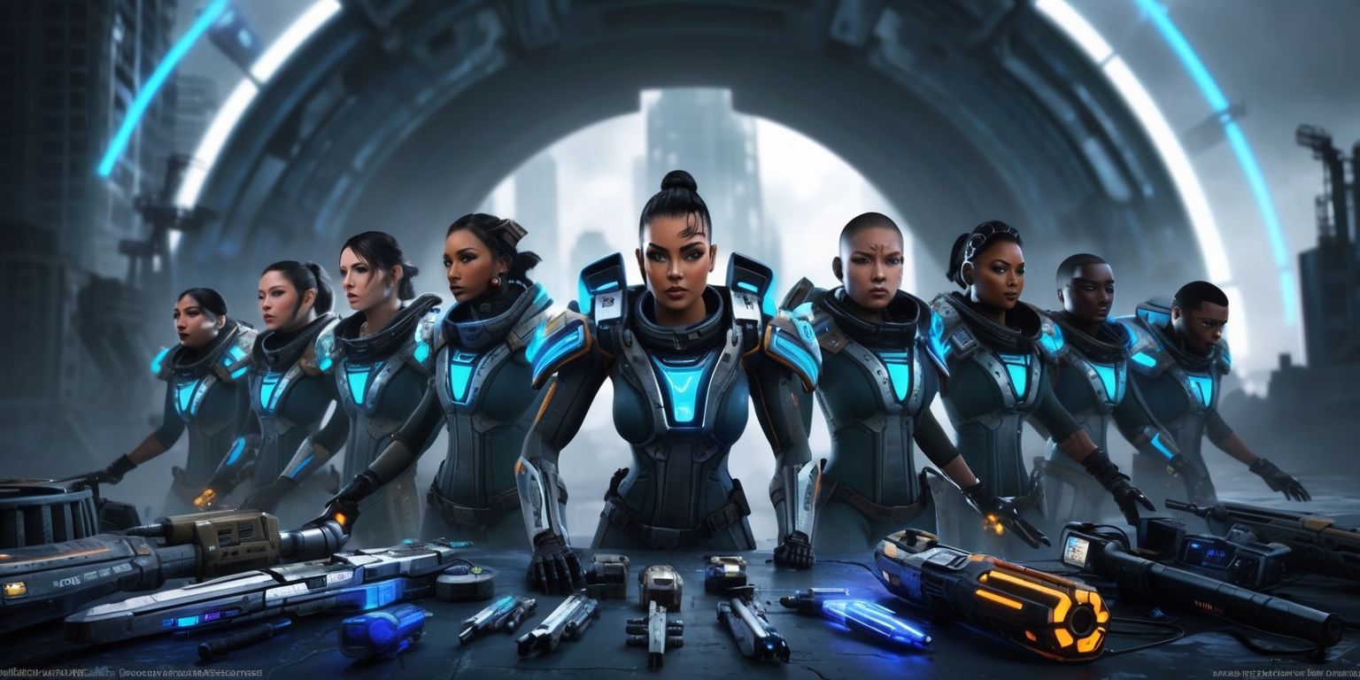 A futuristic sci-fi scene depicting a group of arc raiders from the game, set against a dystopian backdrop with a dark and gritty atmosphere, the raiders are dressed in sleek high-tech armor with metallic accents and neon blue lights, their facial features determined and focused, with diverse skin colors and unique attributes such as scars and tattoos, in the foreground a mix of advanced weaponry and high-tech gadgets are scattered, with a blurred background of a ruined cityscape and a massive arcing portal in the distance, the color palette is predominantly dark blues and greys with accents of neon blue and orange, the style is reminiscent of a concept art piece with bold lines and vibrant colors, the layout is dynamic with the raiders positioned in a circular formation, ready to take on an unknown threat.